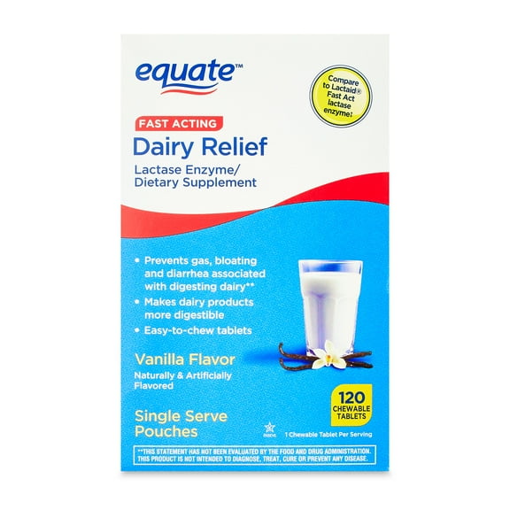 Equate Dairy Relief Lactase Enzyme Vanilla Chewable Tablets, 120 Count, Fast Acting