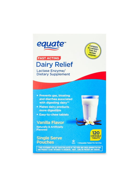 Equate Dairy Relief Chewable Tablet Dietary Supplement, Vanilla Flavor, over the Counter, 120 Count