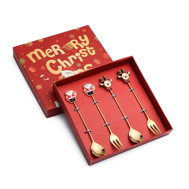 Sentmoon Todays Deals Clearance Sales Christmas Spoon Christmas Dessert Spoon Fork Stainless Steel Tableware Set Cute Doll With Hand Gift Deals of the Day Clearance Prime
