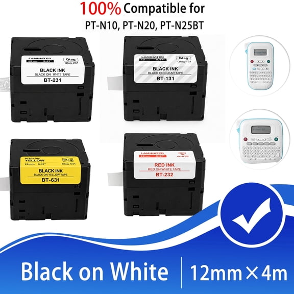4pack Compatible with Brother Btag-231/131/631/232 Label Tape 12mm 0.47in, P Touch Label Maker Tape for Brother PT-N10 PT-N20 PT-N25BT Label Makers, Black on White/Clear/Red/Yellow, 12mm x 4m, Lamin