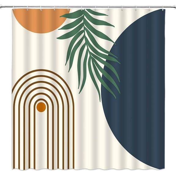 Boho Mid Century Modern Shower Curtain Abstract Tropical Leaves Arch Line Sun Blue Orange Geometry Minimalisti Fabric Bathroom Curtains Decor Set with Hook(72" WX72 H)