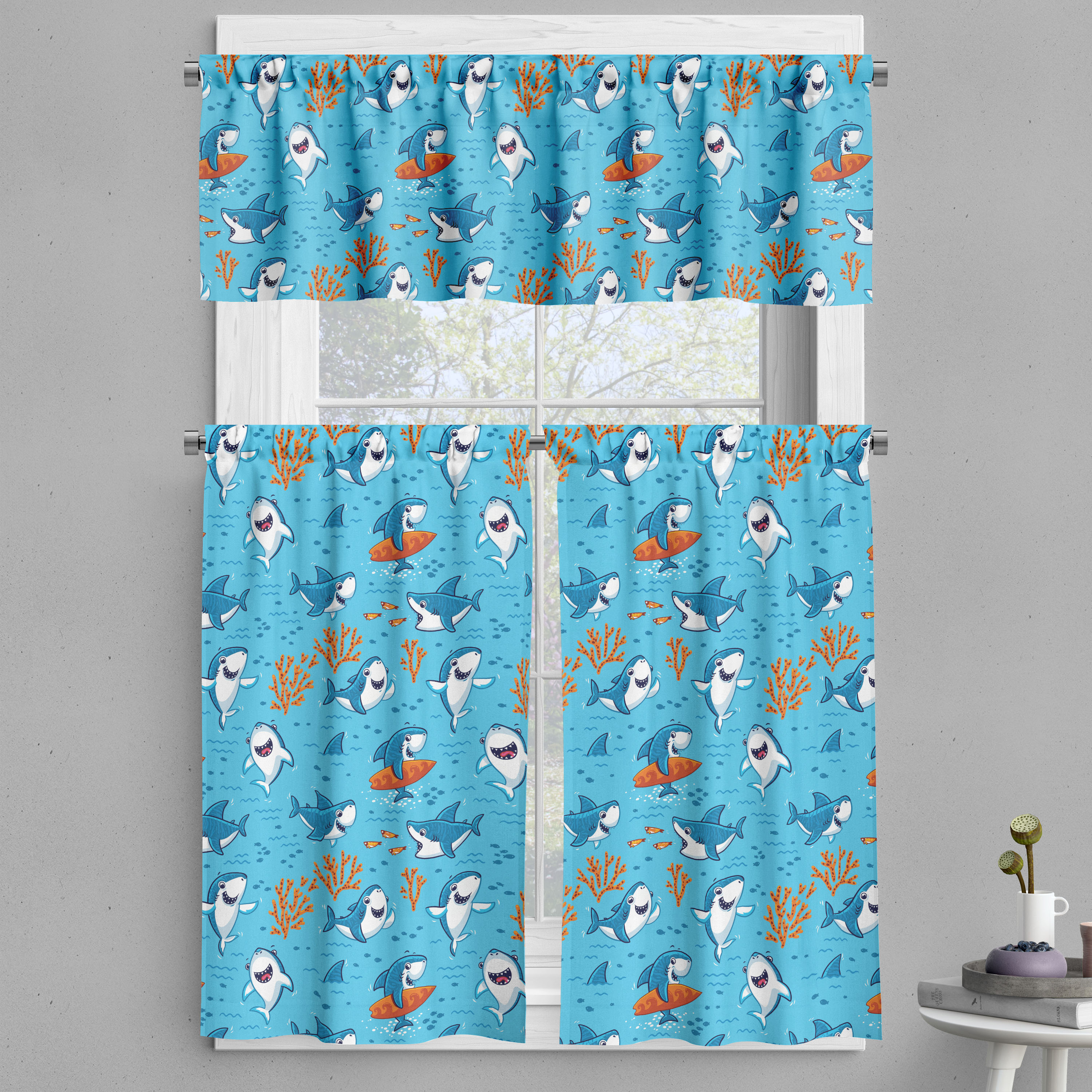 Shark Valance & Tier Curtain 3 pcs Set, Underwater Fantasy World with ...