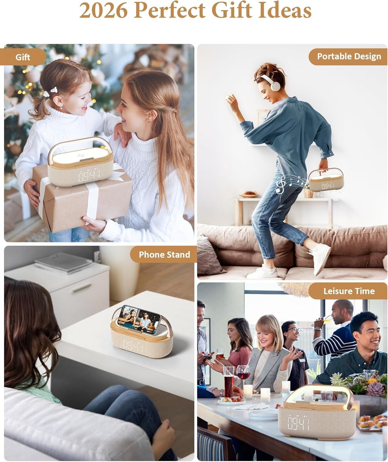 6-in-1 Wireless Charger Bluetooth Speaker with Alarm Clock, FM Radio & Night Light for iPhone Wood + 18W Adapter