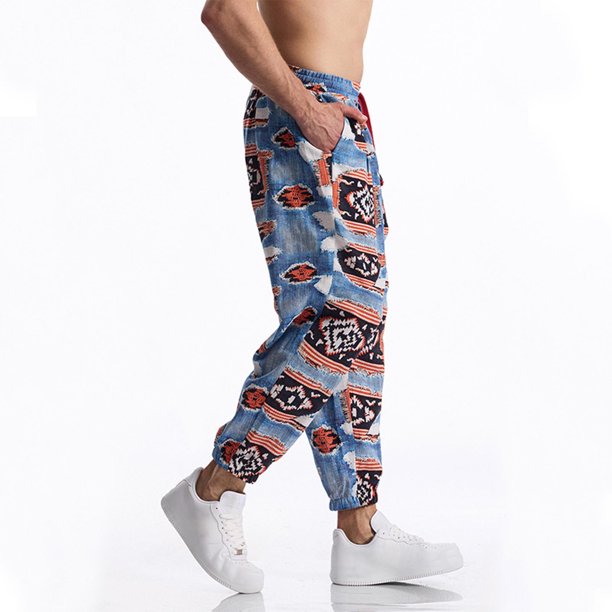 Pantalones largos para hombre, informales, de moda, con cintura elástica, estampados, parte inferior elástica, pantalones largos de lino y algodón.