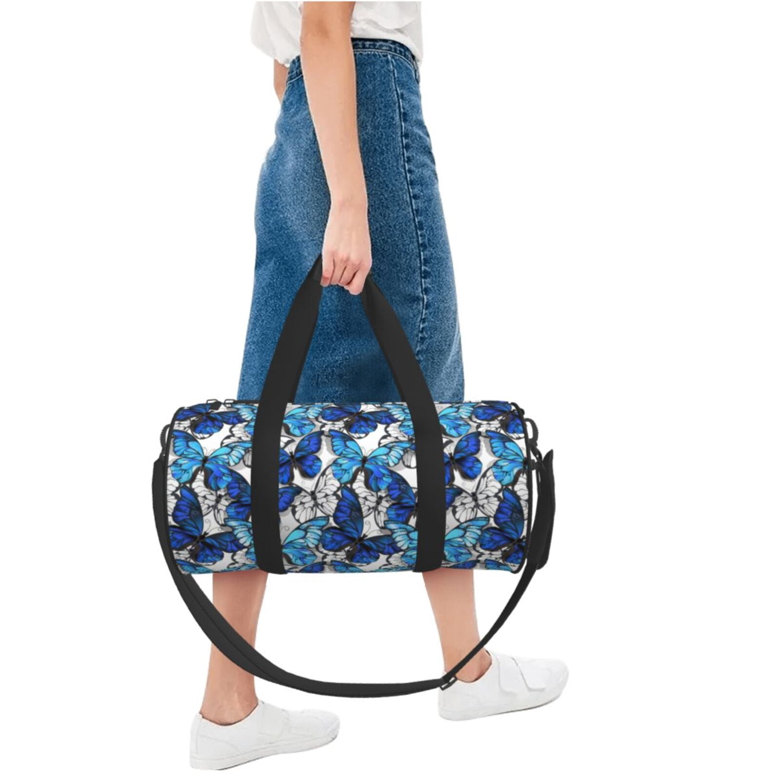 Horeoi Blue and White Butterflies Print Foldable Travel Duffle Bag with Removable Strap - Water-Resistant Gym Vacation Luggage Multi-Pocket Design