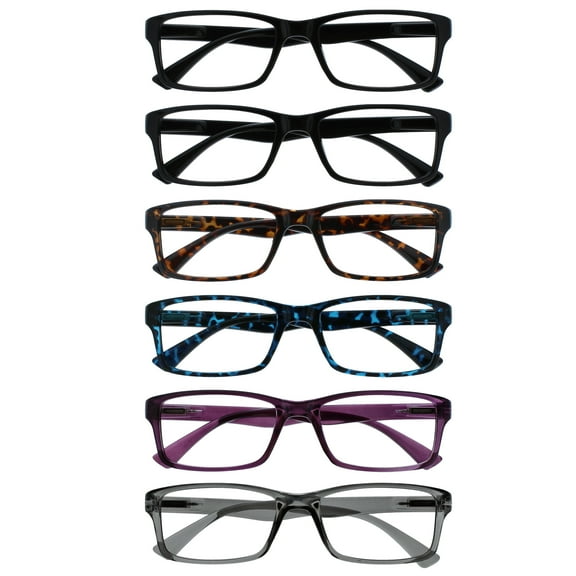 OPULIZE PEP Reading Glasses 6 Pack - Classic Everyday Rectangular Frame - Spring Hinges Scratch Resistant - Black Brown Blue Purple Gray - Mens Womens - RRRRRR92-112357 -  1.00