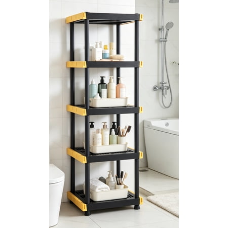 5-Tier Heavy Duty Plastic Storage Shelving Unit, 5 Shelves Support up to 100 lbs per Shelf, Organization and Storage, Weather-Resistant Design, Easy Assembly, 72"H x 24"W x 20"D, Black & Yellow