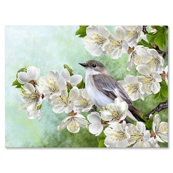 Designart ' Gray Bird Sitting On A Branch of A Blossoming Tree ' Traditional Canvas Wall Art Print