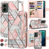 For Moto G Play 5G 2024 Case, Motorola Moto G Play 5G 2024 Leather Wallet Case with Card Holder and Lanyard for Women Men, eBizWare Magnetic Flip Detachable Phone Cover - Marble Pink