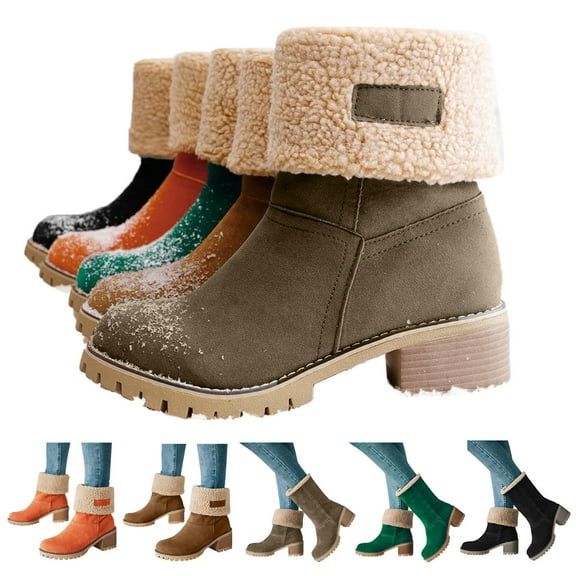 Modisza Winter Boots for Women 2025 Chunky Heel Fashion Snow Ankle Booties Fleece Lined Slip on Suede Mid Calf Boots Black 5.5