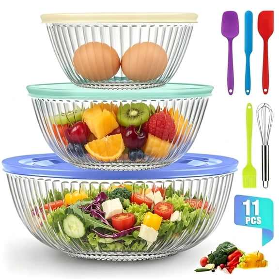 Glass Mixing Bowls Set, AOKIWO 11 Packs 3 Size  Glass Nesting Mixing Bowl with BPA-Free Lids & Baking Tools,  Kitchen Storage Bowls for Prep, Baking, Serving
