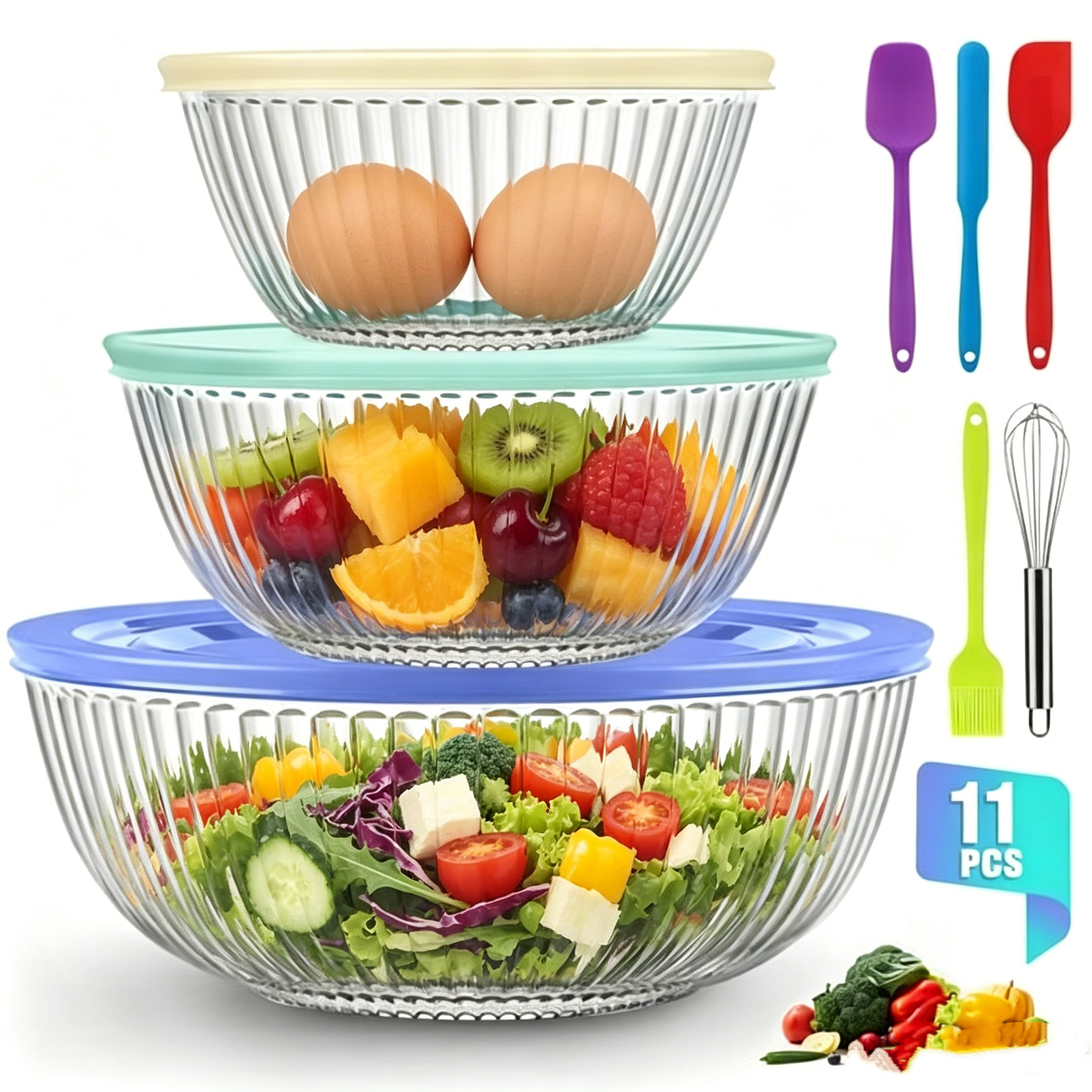 AOKIWO 11-Piece Glass Mixing Bowls with Lids and Baking Tools