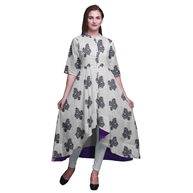 Bimba Feuilles Vertes et Bloc Floral Tenue Ethnique Indienne pour Femmes Anarkali Kurti Imprimée Robe Asymétrique-Grand