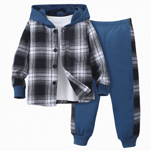 CAUYDY Kids Boy's Outfits Baby Toddler Button Plaid Long Sleeve Jacket and Elastic Waist Sweatpants 2 Piece Set Fall Winter Blue for Sizes 6-7 Years
