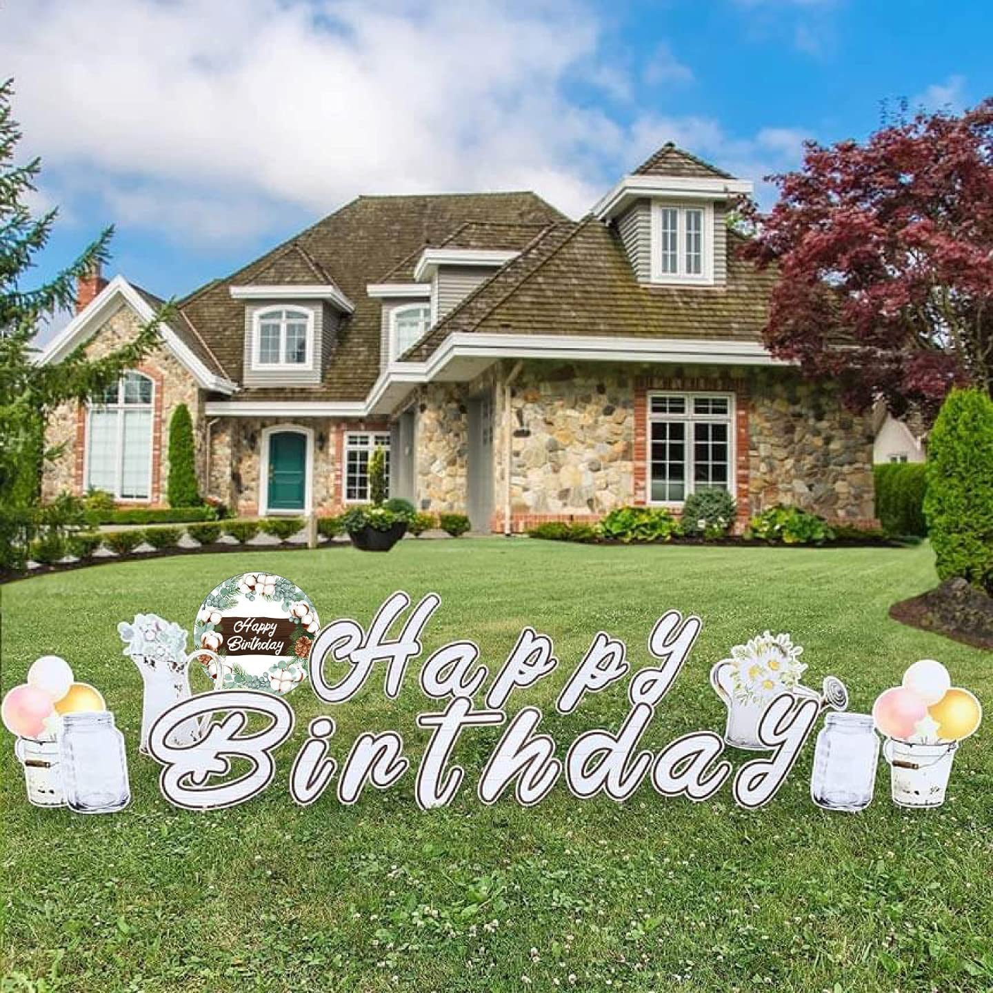 Farmhouse Themed Happy Birthday Lawn Decorations Set, Happy Birthday