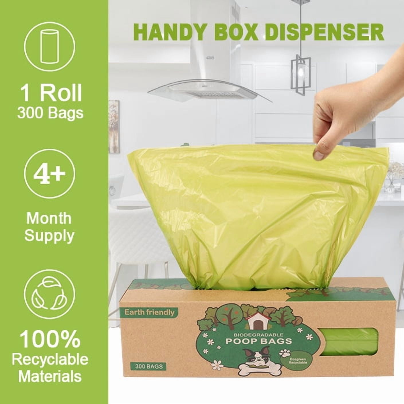 Dog Poop Bags with Dispenser Box, 300 Count Large Single Roll, Extra Thick 1.5 Microns Leak-Proof Pet Waste Bags, Sustainable HDPE Doggy Bags for Large & Small Breeds, 9" x 13" Heritage Forest Green