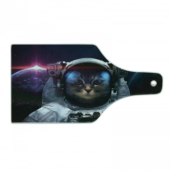 Space Cat Cutting Board, Cosmonaut Kitty in Galaxy Cosmos Nebula Stars with Eclipse Image, Decorative Tempered Glass Cutting and Serving Board, Wine Bottle Shape, Dark Blue White, by Ambesonne