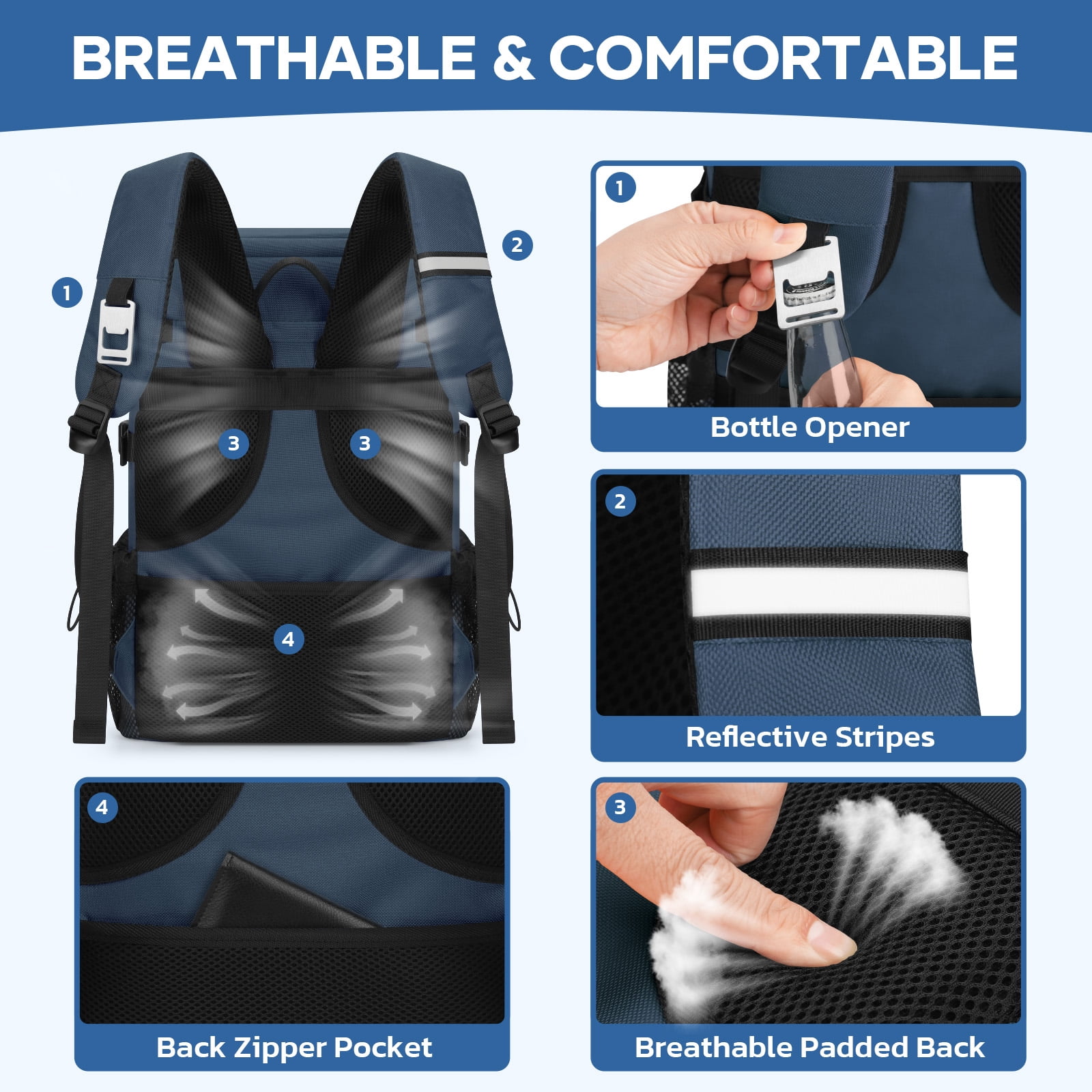 Realcool Backpack Cooler，33 Cans Insulated Leakproof Soft Cooler Bag Lightweight Camping Beach Lunch Backpack for Men Women Blue