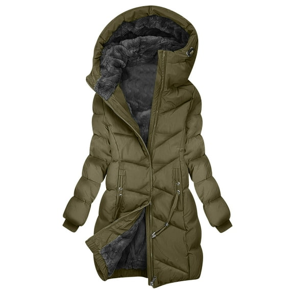 Ladies Quilted Long Puffer Jackets Sherpa Lined Winter Thick Warm Down Hooded Coat Parkas with Zipper Pockets (XL, Dark Green)
