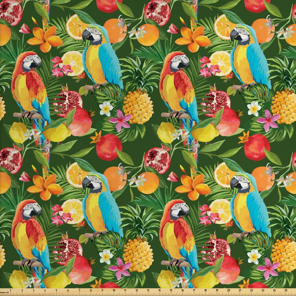 Tropical Fabric by The Yard, Watercolor Exotic Parrots Juicy ...