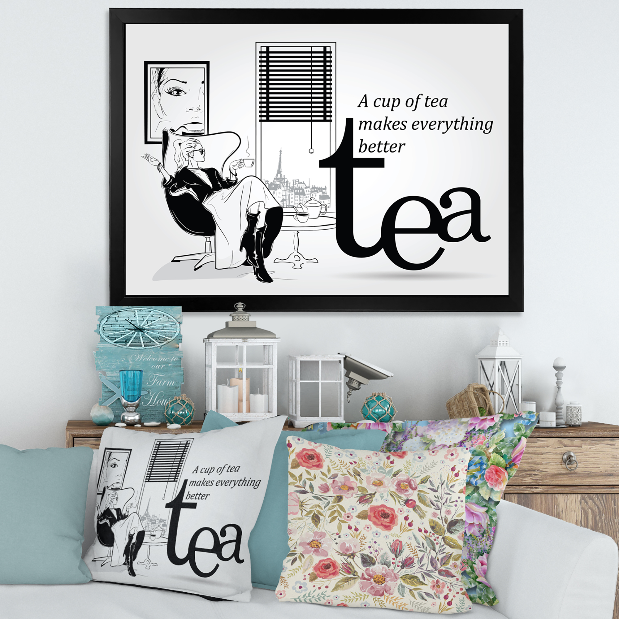 Designart 'Ancient Fashion Girl Drinking A Cup Of Tea' Vintage Framed Art Print