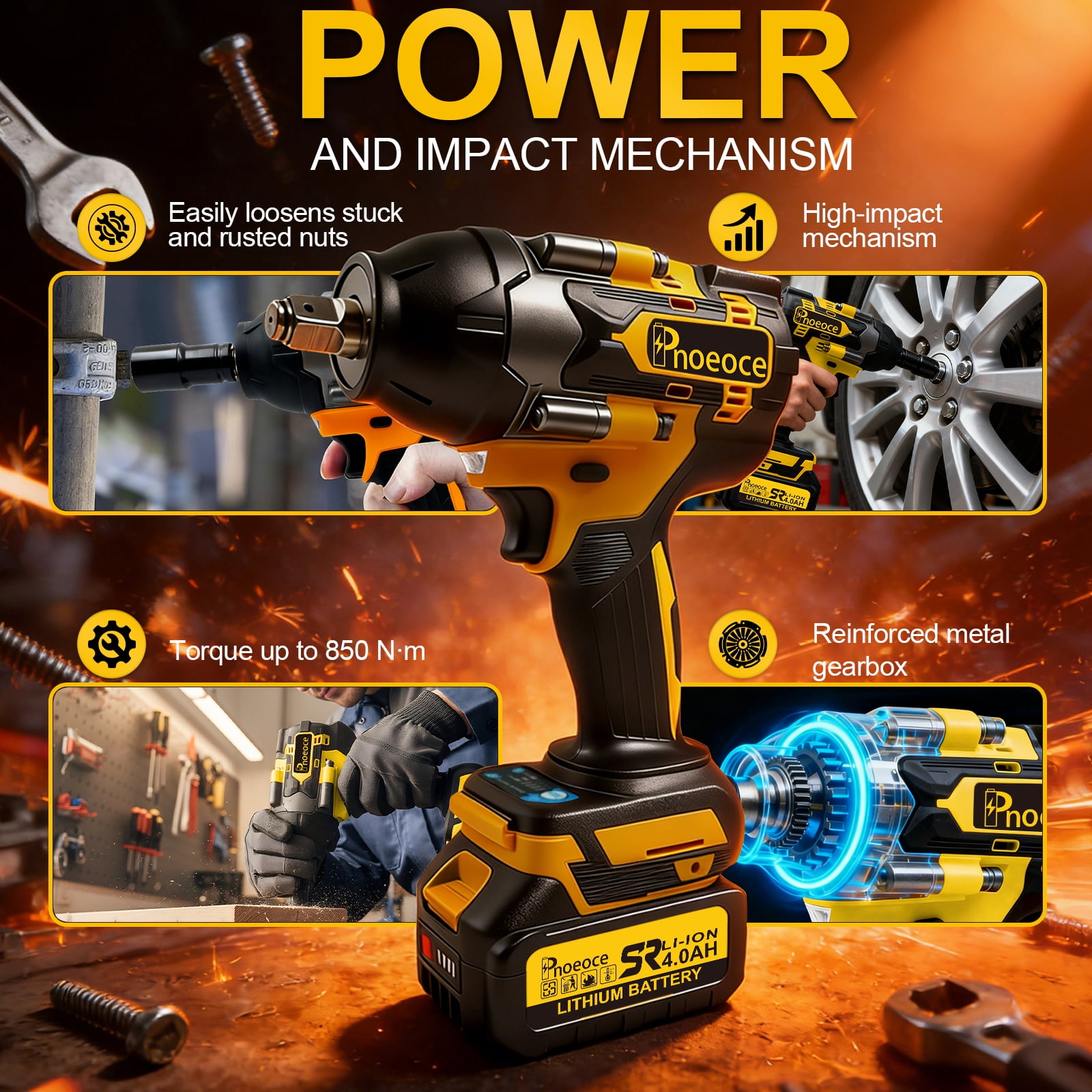 Pnoeoce 850N.m Brushless Cordless Impact Wrench,1/2 Impact Gun,20V High Torque,3200RPM with 2x 4.0Ah Batteries and 4 Sockets Included