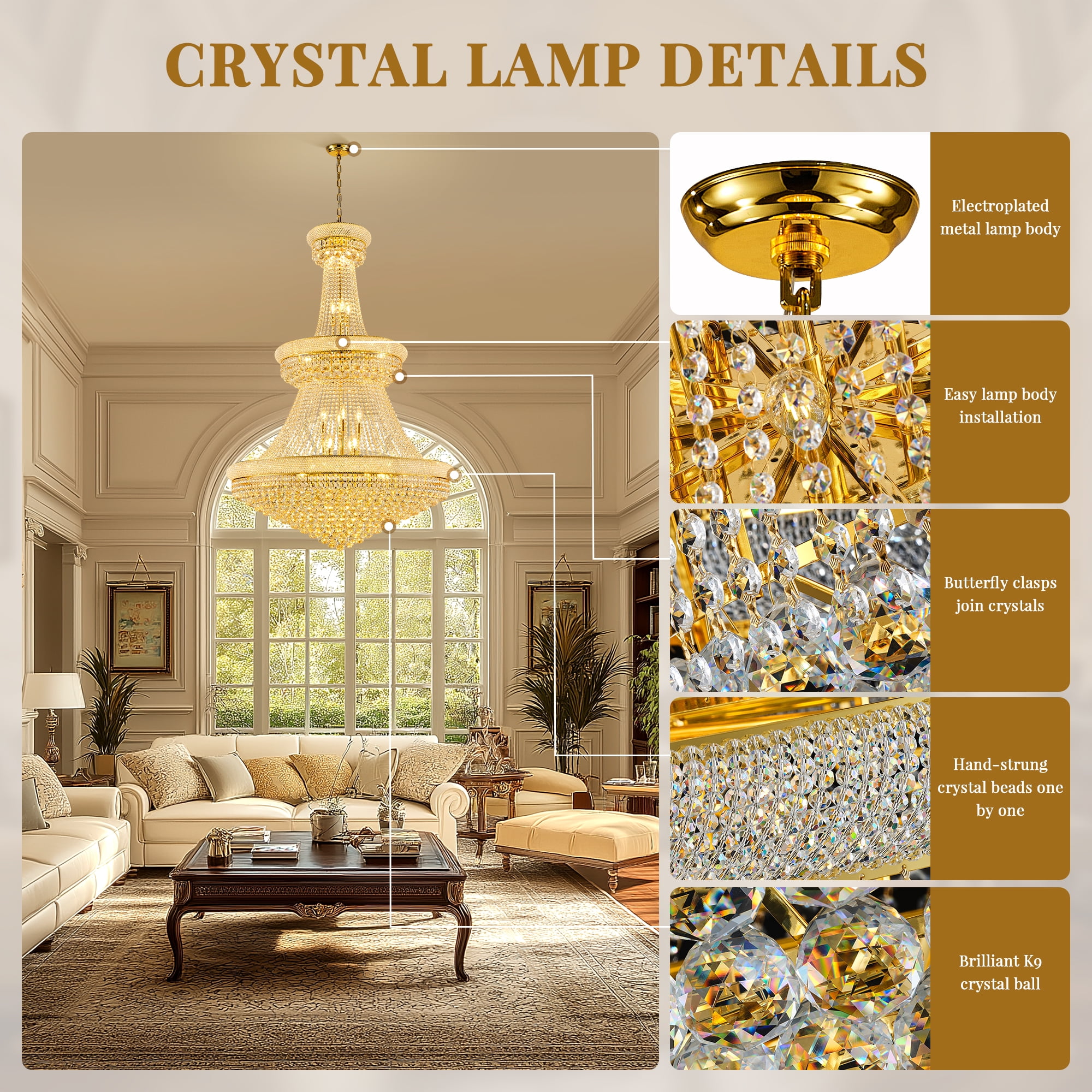 Luxury Empire Gold Crystal Chandelier, 3-Tier K9 Crystal Raindrop Ceiling Light Fixture, 36 E12 Bulbs Included, Adjustable Chain for High Ceiling Foyer, Grand Staircase, Living Room (42" W*61" H)