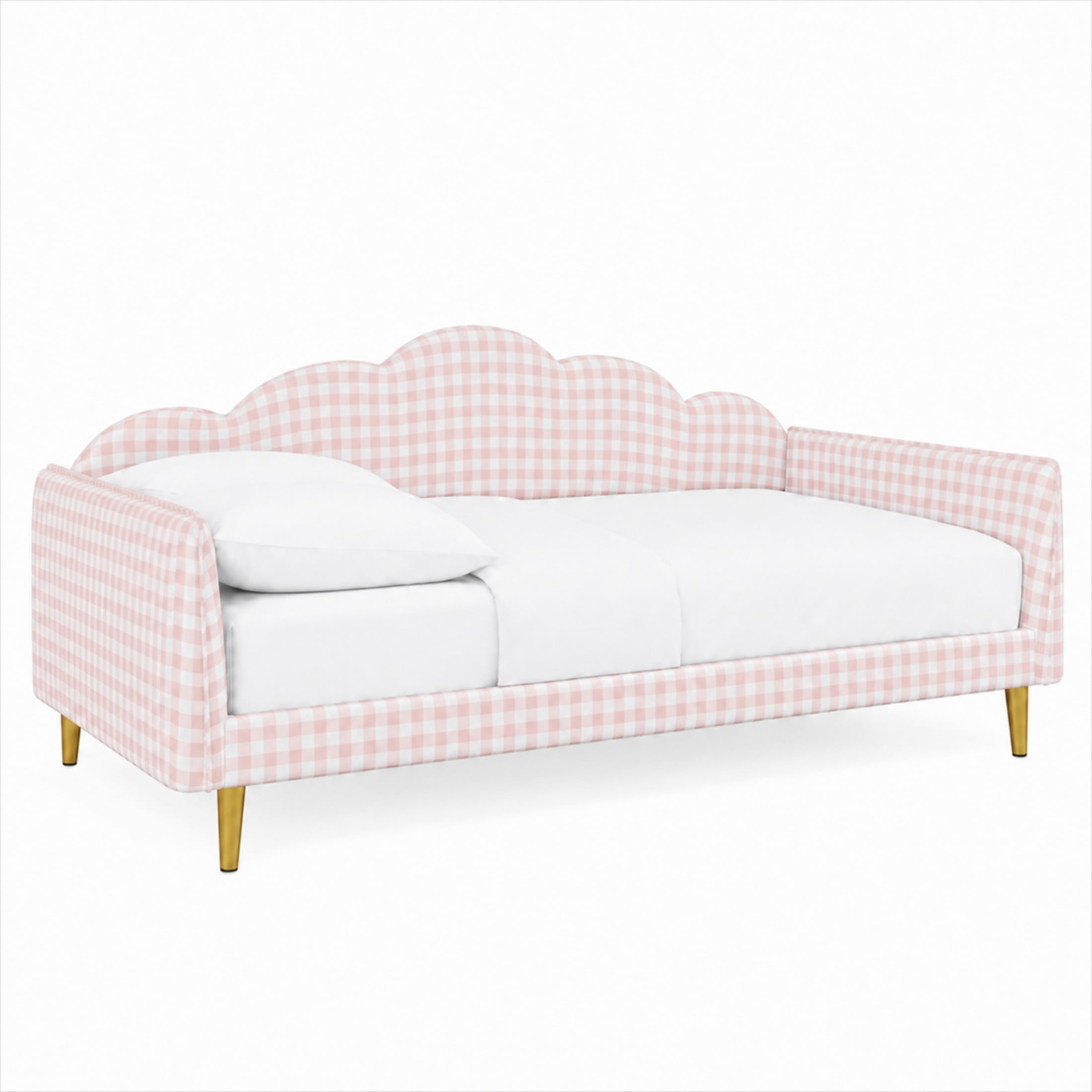 Noble House Jocast Twin Size Upholstered Platform Daybed, Gingham Pattern Headboard and Side Armrests, Pink