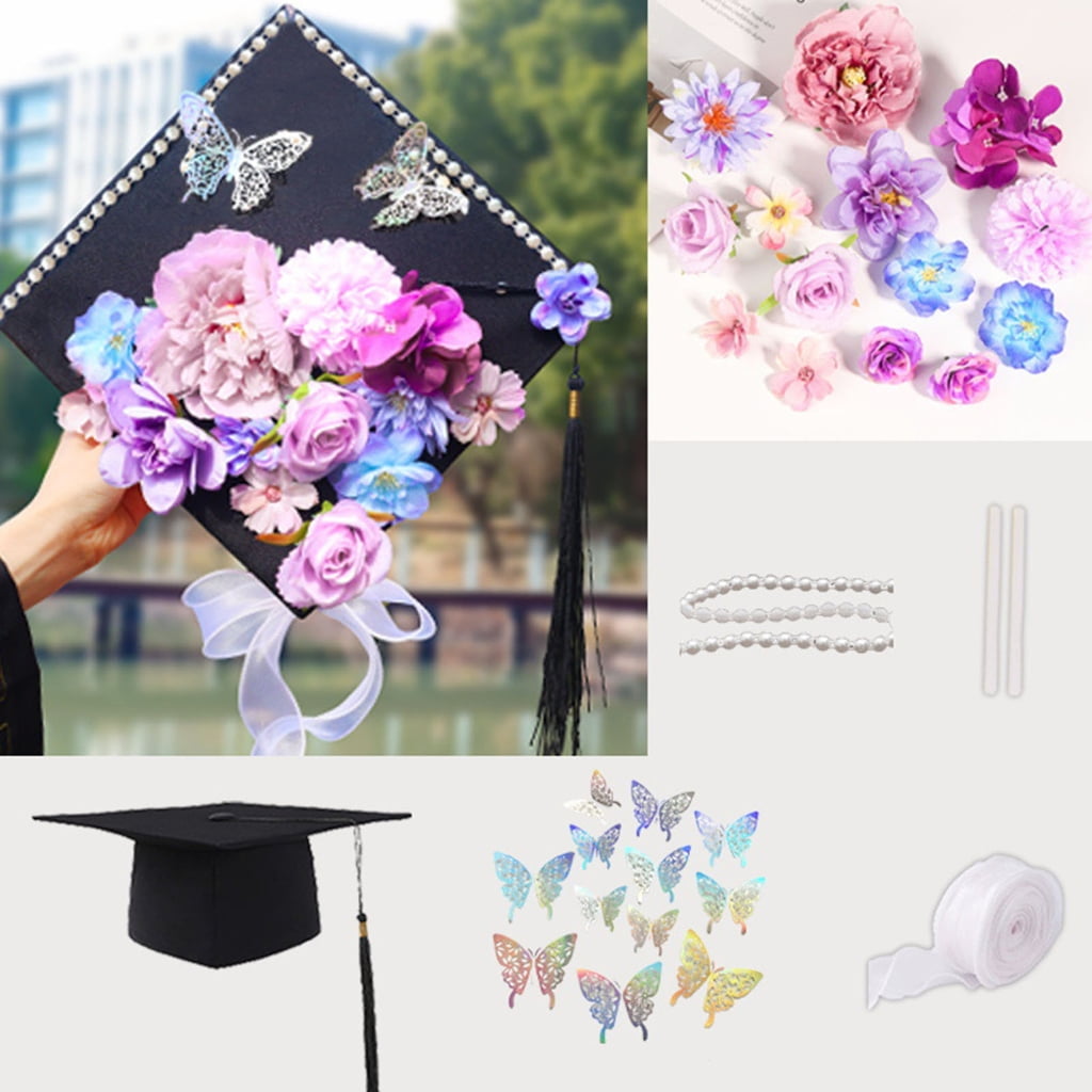 Graduation Hat Embellishment Set With Artificial Flower Butterfly Sticker Pearls