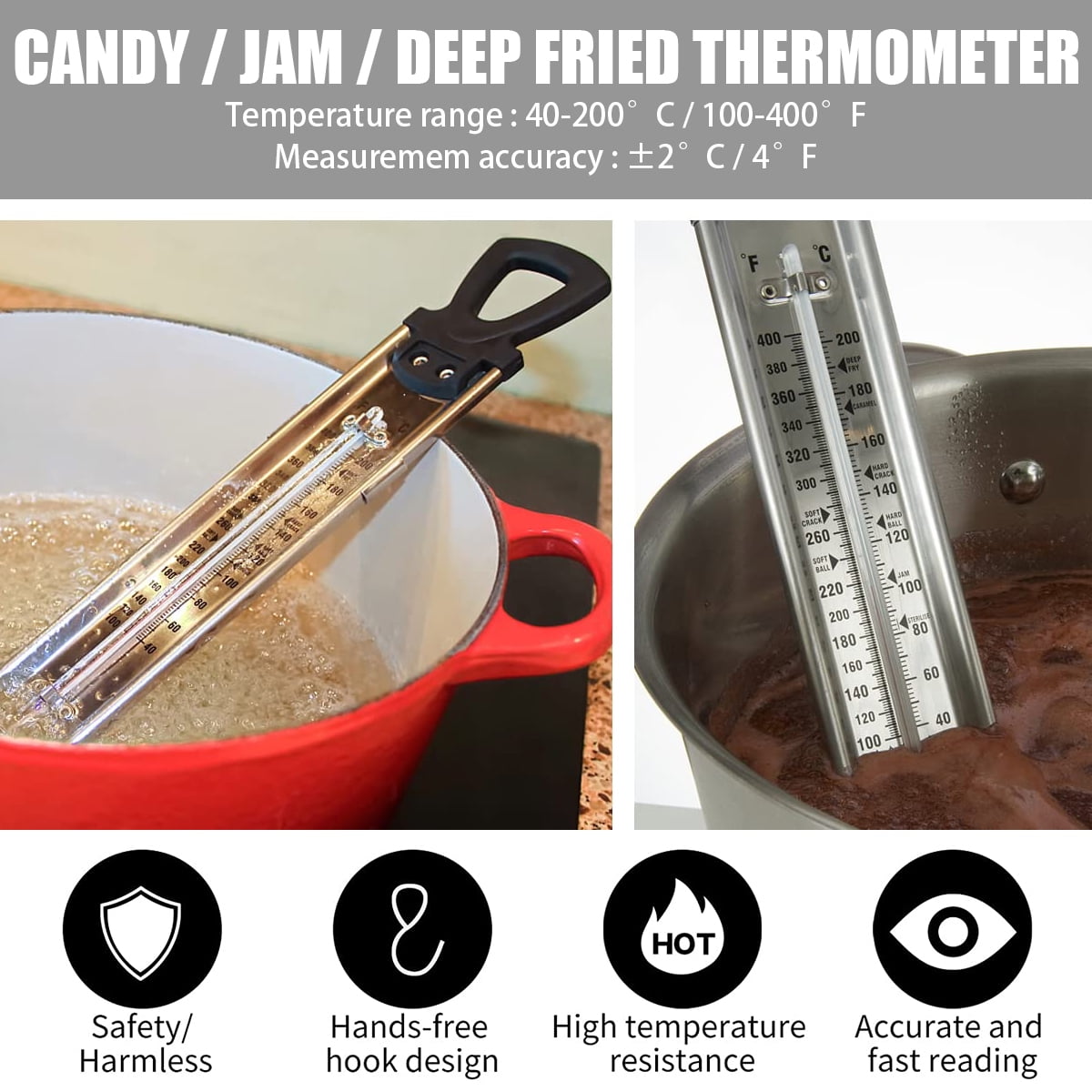Candy Thermometer Deep Fry/Jam/Sugar/Syrup/Jelly Thermometer with Hanging  Hook & Pot Clip Stainless Steel Cooking Food Thermometer Quick Reference  Temperature Guide,Black: Home & Kitchen 
