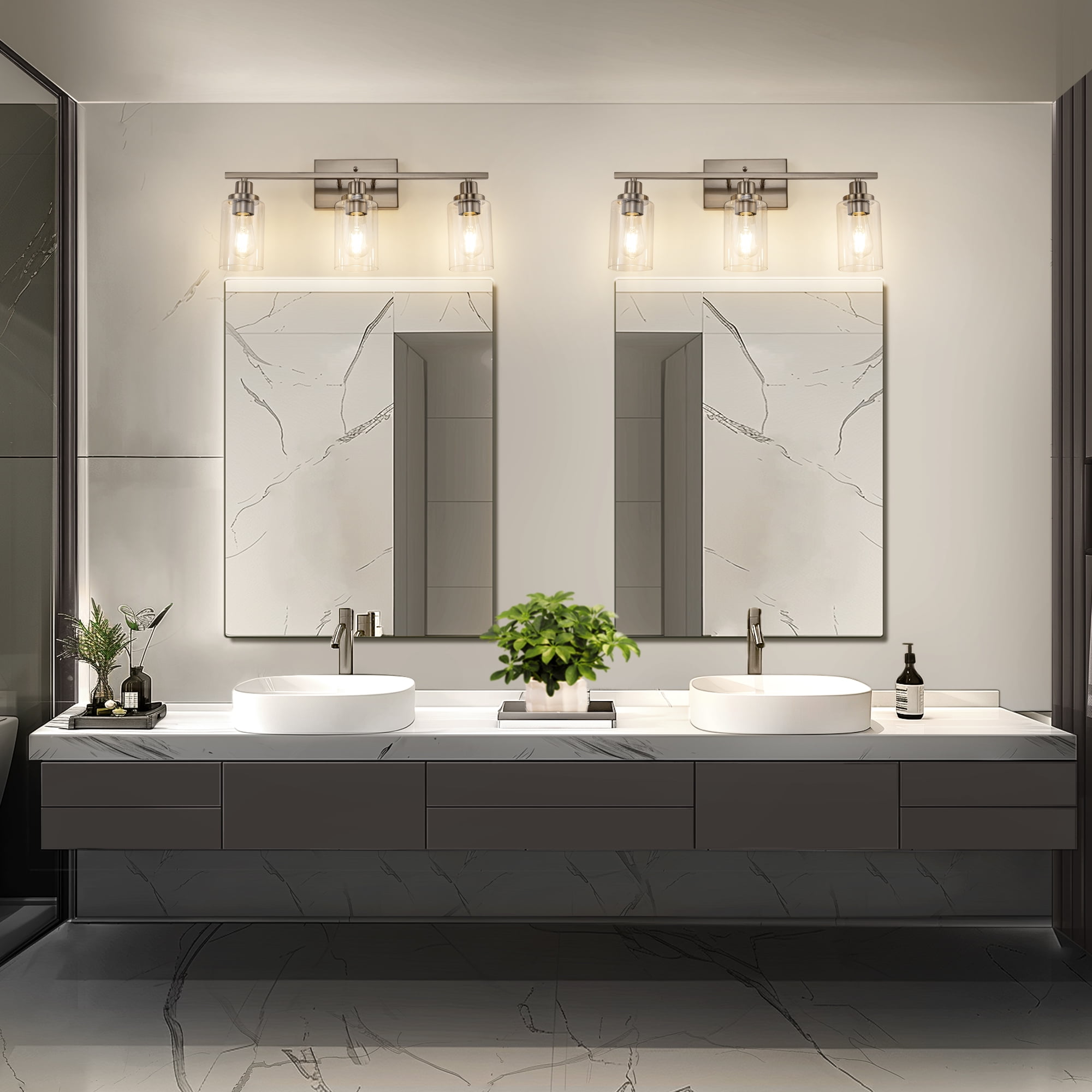 YANSUN 24 in 3-Light Industrial Brushed Nickel Vanity Light Fixtures for Bathroom with Clear Glass Shades, for Master Bath, Guest Bathroom, Powder Room or Bedroom