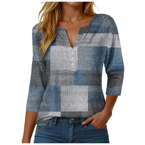 kaprioy Womens 3/4 Sleeve Tops Fall And Winter Henley Neck Shirts Three Elbow Sleeve Tshirts Navy, XL