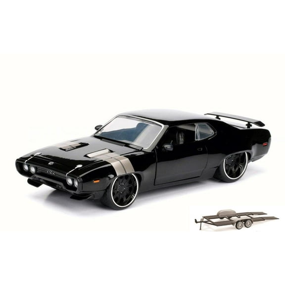 Diecast Car & Trailer Package - Dom's Plymouth GTX, Black - Jada 98292 - 1/24 Scale Diecast Model Toy Car w/Trailer