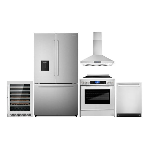 5 Piece Kitchen Package with 30" Freestanding Electric Range 30" Island Range Hood 24" Built-in Fully Integrated Dishwasher French Door Refrigerator & 48 Bottle Wine Refrigerator