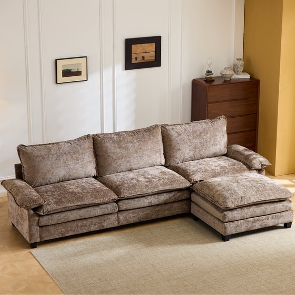 Ktaxon 120" W Sectional Sofa L Shaped Couch with Chaise Living Room Sleeper Set, 4 Seats with Chenille and Double Layer Cushions Light Brown