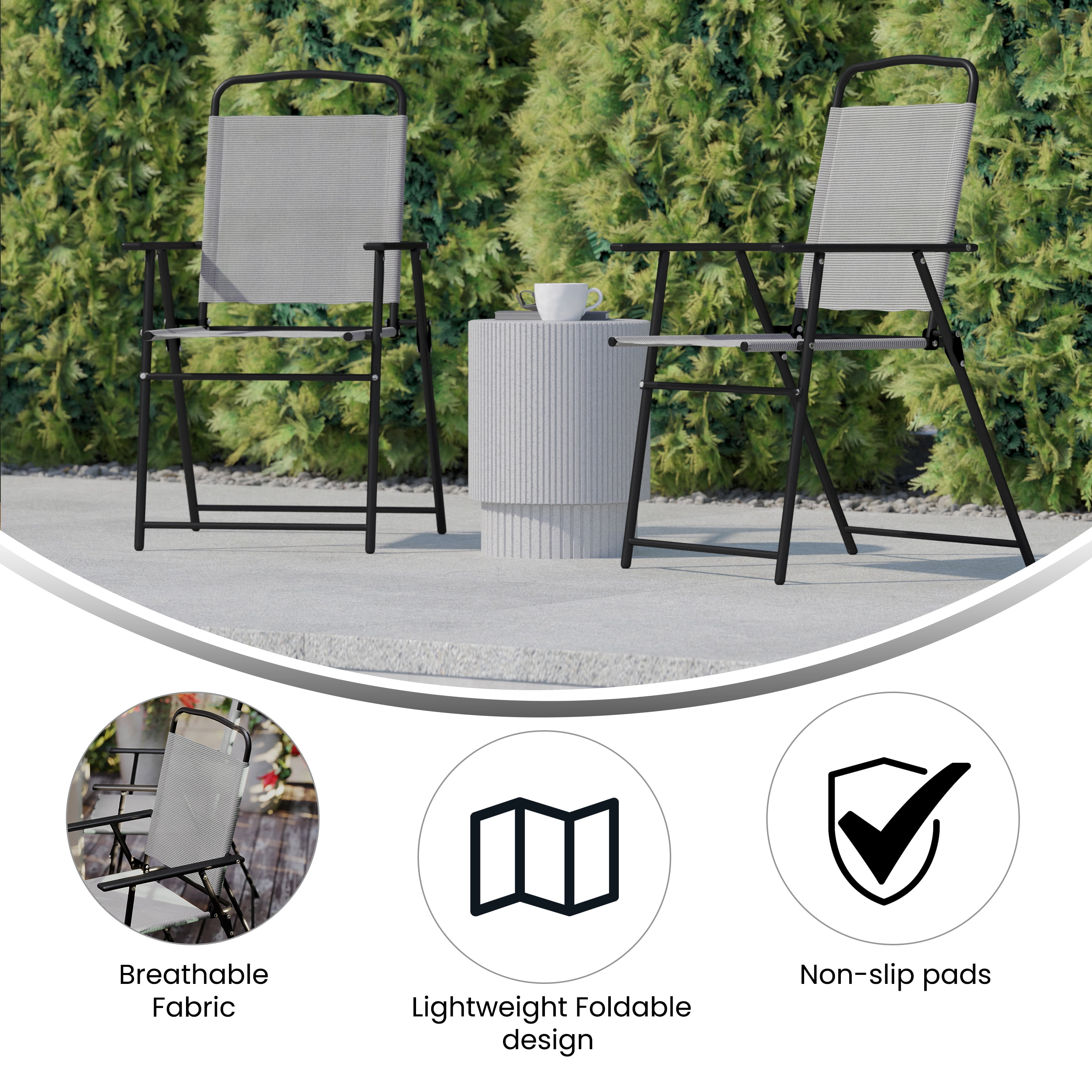 BizChair Set of 2 Folding Patio Sling Chairs, Outdoor Textilene Lawn Chairs with Armrests in Gray