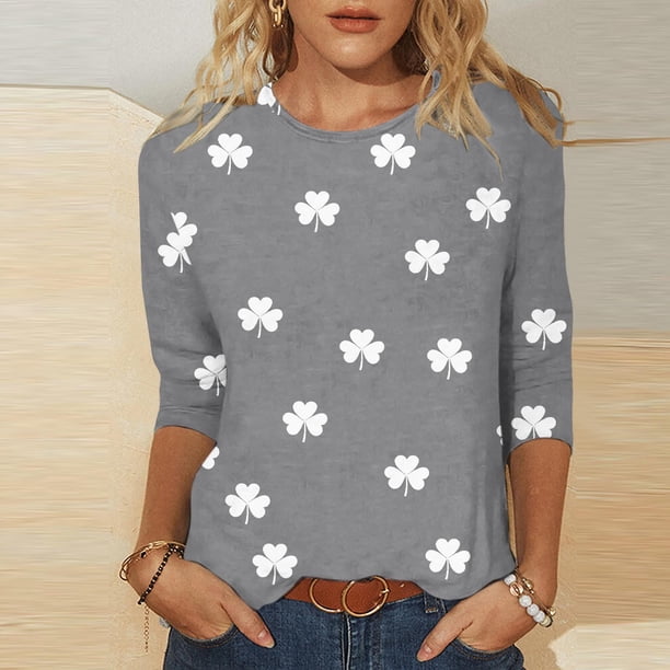 TaTaai Women's Casual Green Print Blouse Round Neck 3/4 Sleeve St. Patrick's Day T-Shirt Loose Fit Irish Holiday Spring Wear Gift