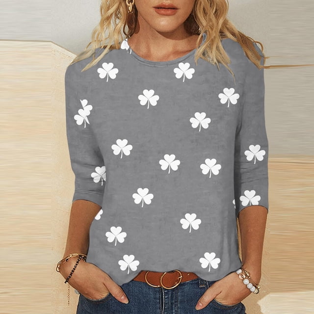 TaTaai Women's Casual Green Print Blouse Round Neck 3/4 Sleeve St. Patrick's Day T-Shirt Loose Fit Irish Holiday Spring Wear Gift