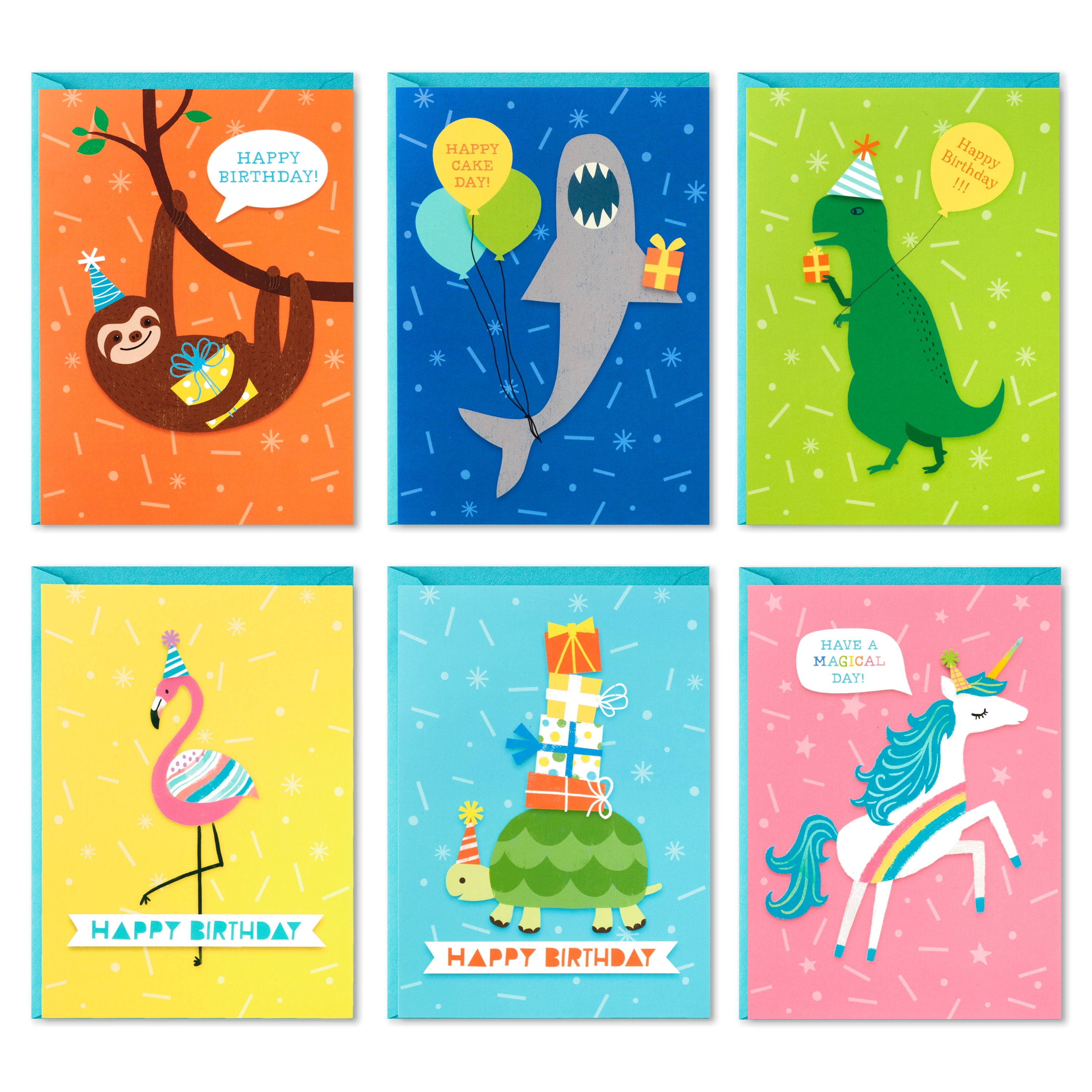 48 Cards with Envelopes Dinosaurs, Sloths, Unicorns, Flamingos, Turtles, Sharks Hallmark Birthday Cards for Kids Assortment 