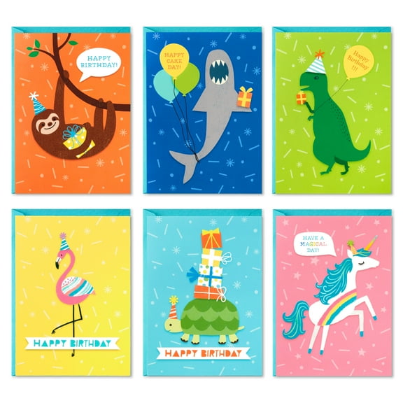 Hallmark Birthday Cards for Kids, 48 Cards with Envelopes (Dinosaurs, Sloths, Unicorns, Flamingos, Turtles, Sharks)