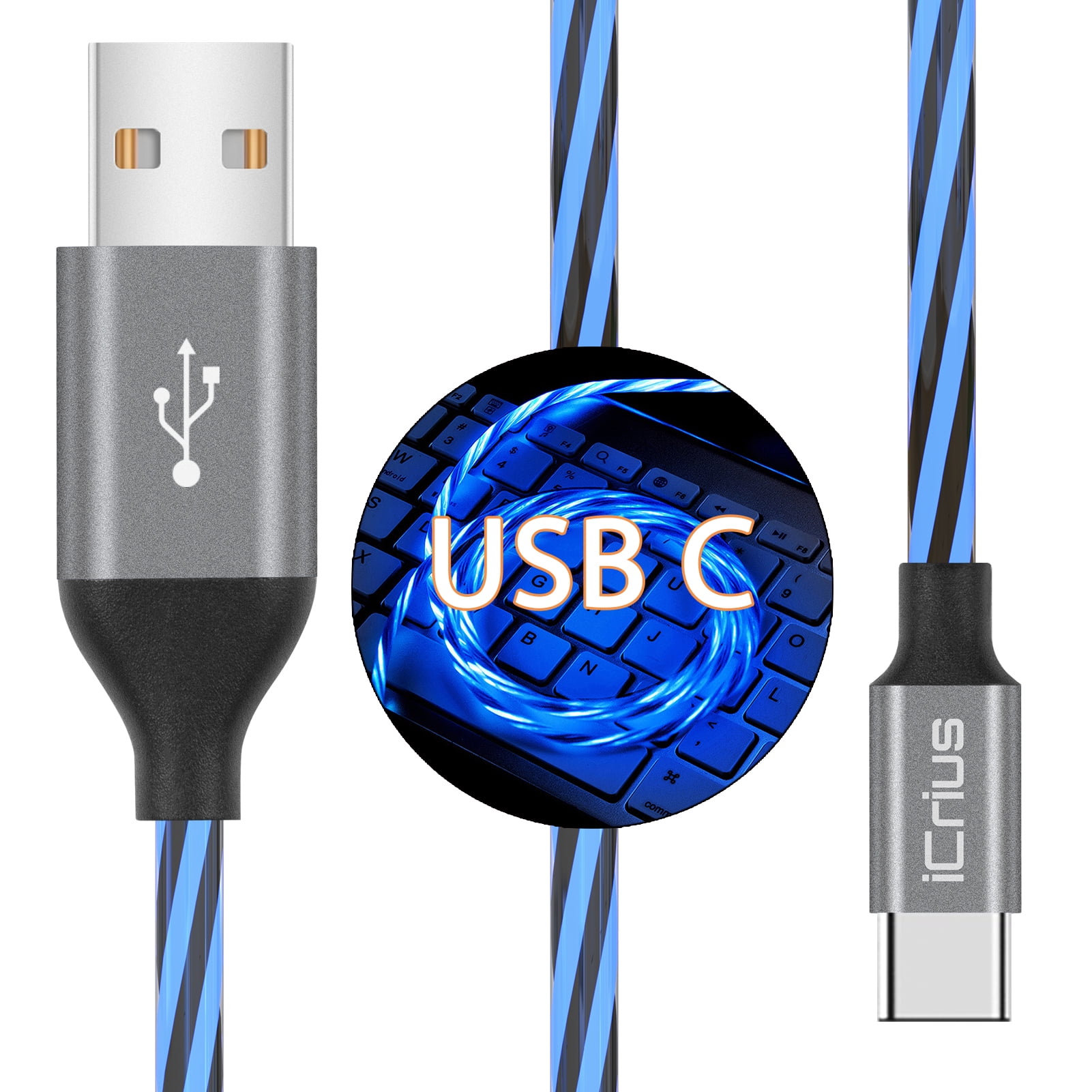 USB Type C Cable, 3A LED Light Up Fast Charge Cord Compatible with Samsung Galaxy S20/S10/S9/S8, LG V40/V30, USB-C to USB-A Fast Charging C Cables