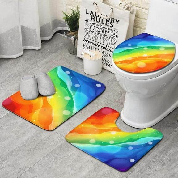 Rainbow Tie Dye Wave Pattern Bathroom Rugs Sets 3 Piece,Toilet Cover Set,Absorbent Non Slip Bathroom Mats Sets with U-Shaped Contour Rug Toilet Rug Set