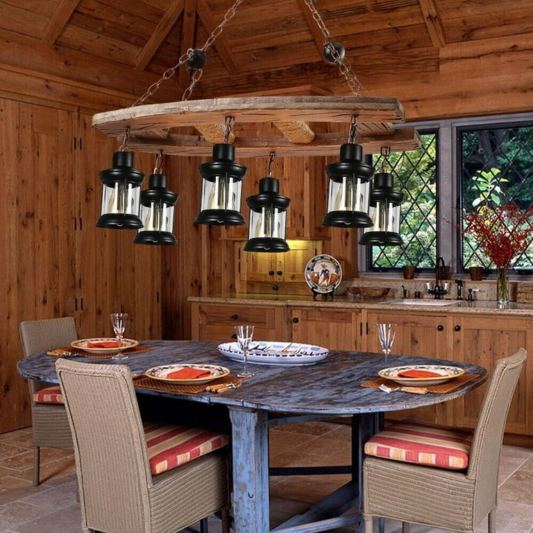 AFANQI Retro Farmhouse Chandelier, Industrial Wood Beam Pendant