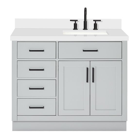 DKB Isabella 42-Inch Gray Single Bathroom Vanity with Sink, 1.5" Pure White Quartz Countertop, Right Rectangular Undermount Sink, Solid Wood Frame, 2 Soft-Close Doors, 5 Dovetail Drawers, Toe Kick