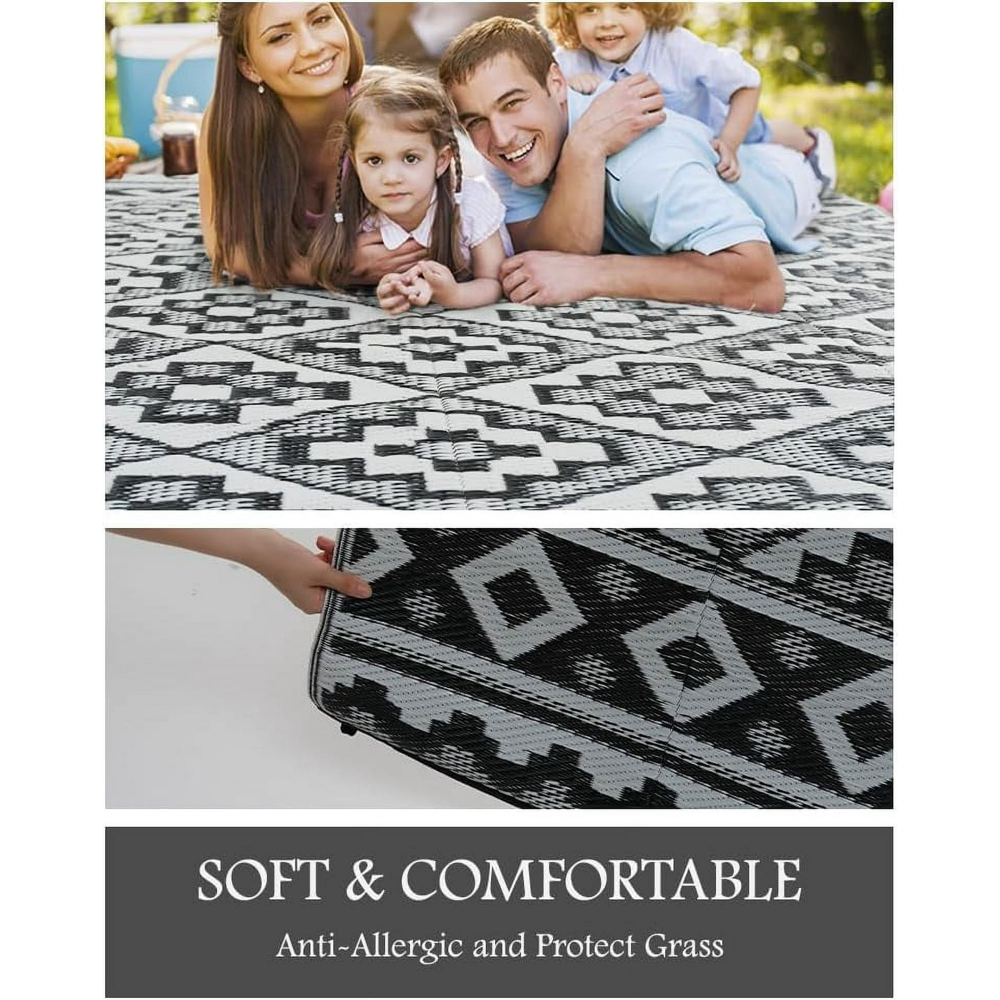 SIXHOME Outdoor Rug 5'x8' Waterproof Reversible Patio Rug Modern Lightweight Plastic Straw Indoor Outdoor Rug for RV Camping Deck Balcony Porch Boho Patio Decor Outdoor Carpet Black and Wite