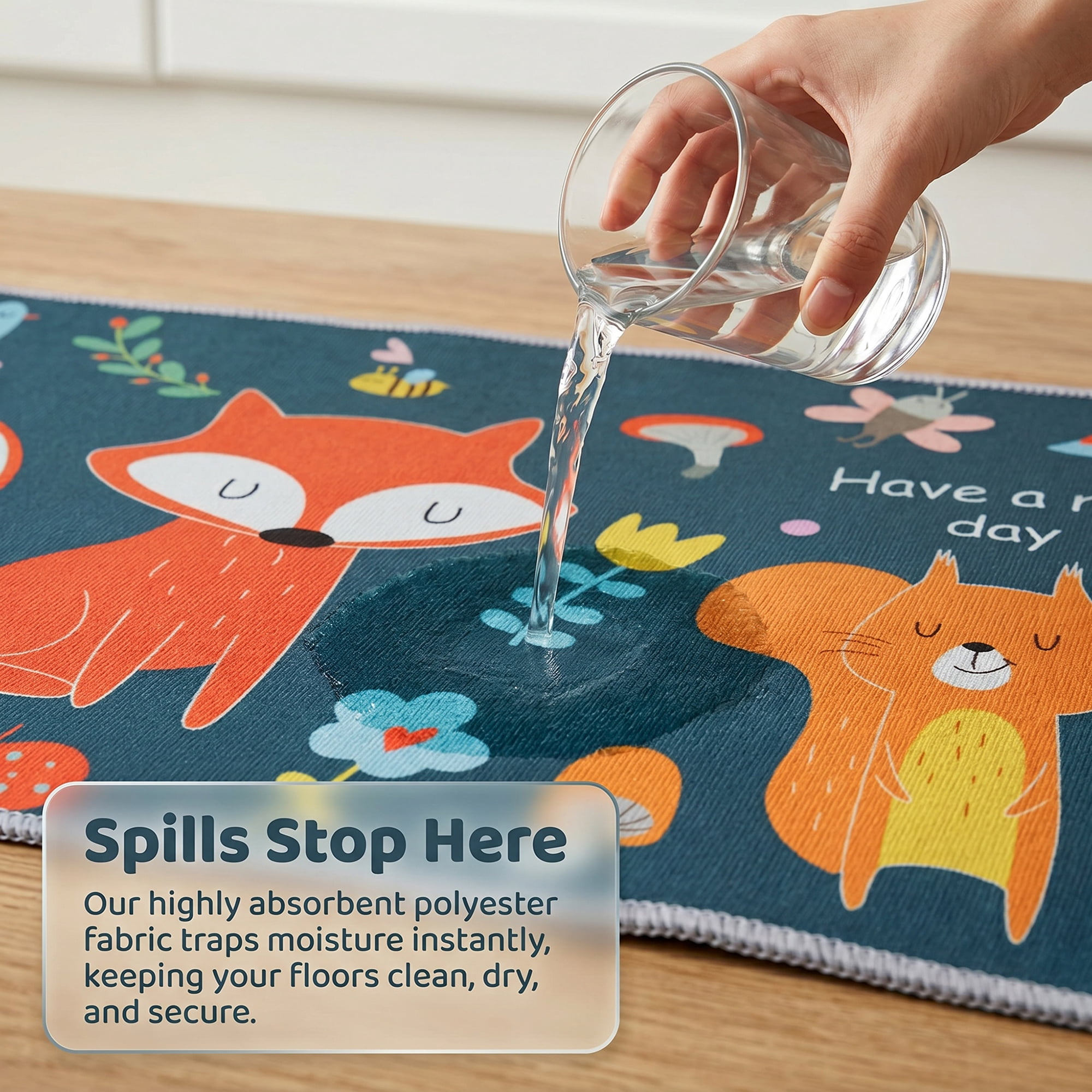 Unique Bargains Non Slip Cat Floral Printed Kitchen Rugs and Mat Dark Blue 24"x16"+47"x16"