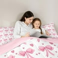 thumbnail image 4 of Feelyou Cute Princess Ribbon Bedding Comforter Set 7pcs for Girl, Fashion Pink Bowknot King Bedding Sets, Cartoon Love Heart Reversible Bed Sheets, Microfiber Bedroom Decor, 4 of 8