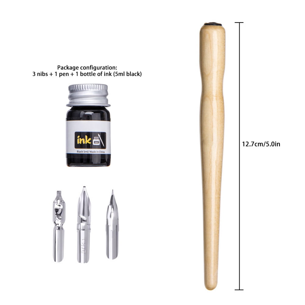 Ensemble Stylo à Plume Calligraphie Et Dessin - 3 Pointes (plate 2 Mm, étudiante, Ronde) + Support Bois + Encre - Pour BD, Art, Scolaire