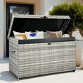 thumbnail image 3 of 200 Gallon Wicker Deck Box with Lockable Lid, Outdoor Storage Box with Portable Wheels & Handles, Waterproof Patio Rattan Container for Garden, Balcony, Yard, Grey, 3 of 9