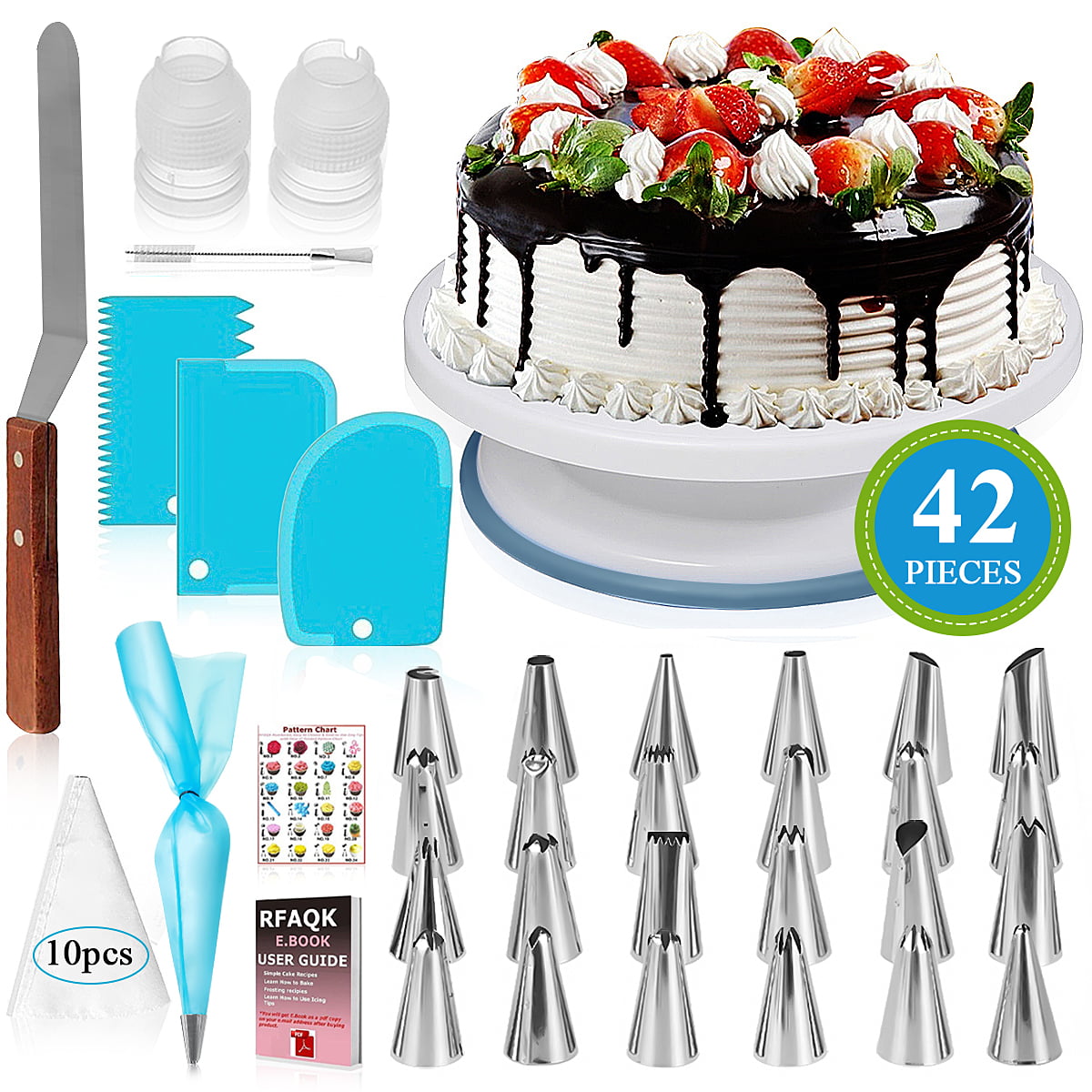 70 Turntable-Rotating Cake stand-24 Numbered Easy to use Icing Tips with Pattern Chart and E.Book-Straight and Angled Spatula-3 Cake Scrapers 70 Pcs Cake Decorating Equipment